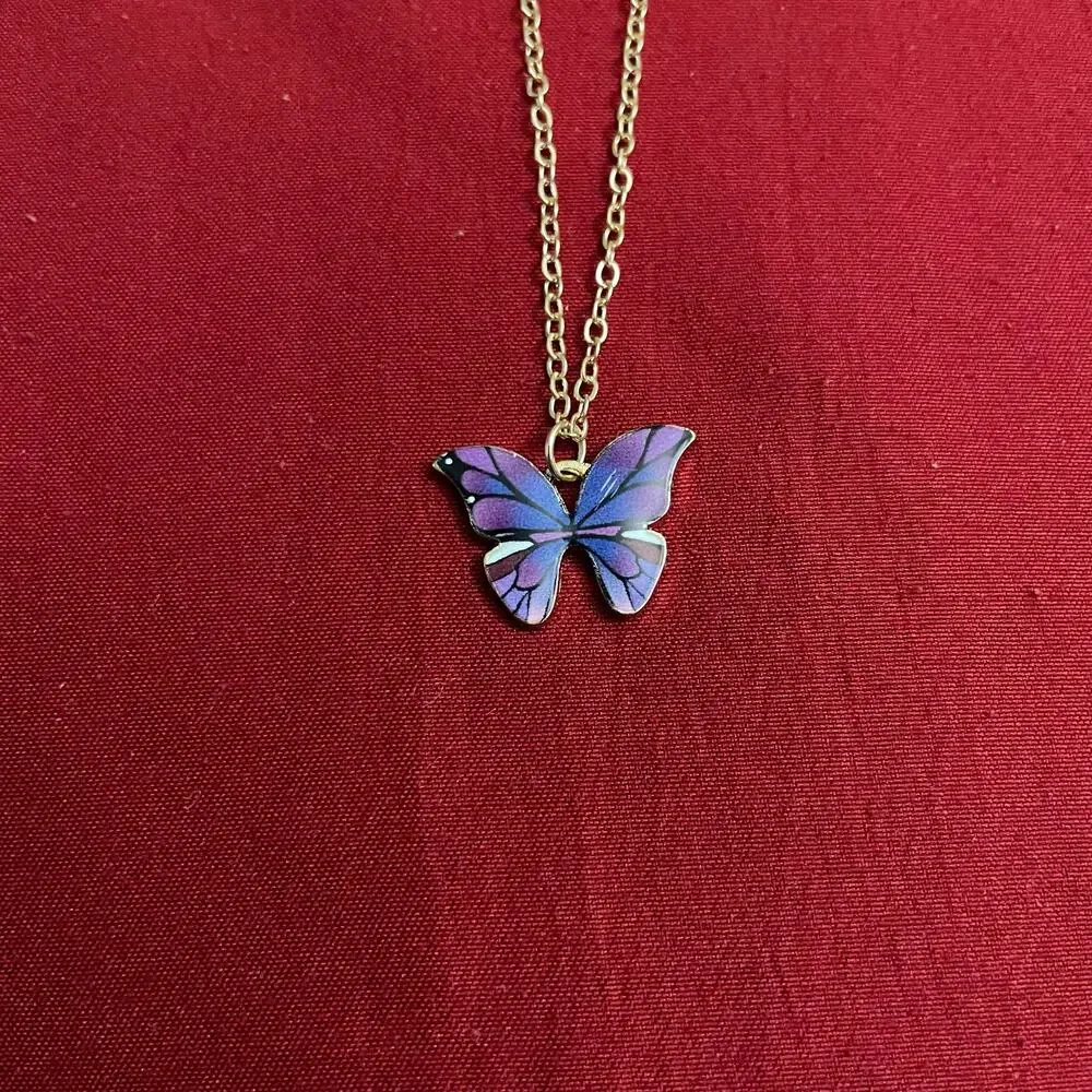 NWOT Girls Dark Purple Multi-colored Butterfly Pendant Necklace with Chain